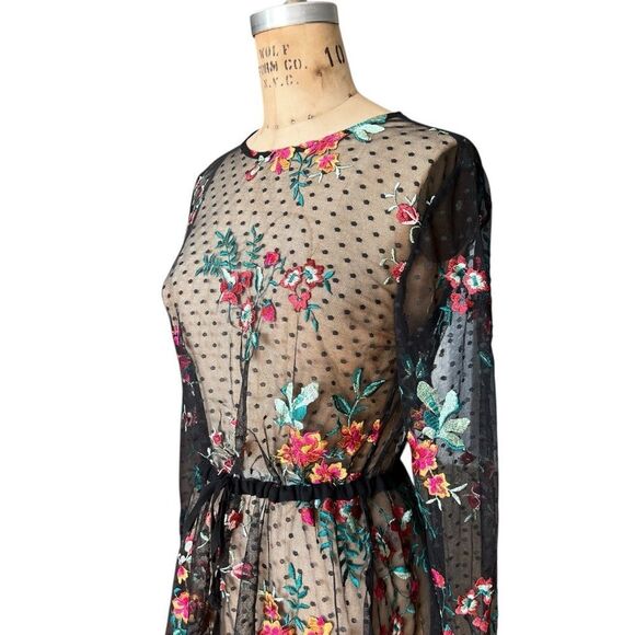 ZARA Sheer Black Floral Embroidered Mesh Blouse Size M - Picture 2 of 5